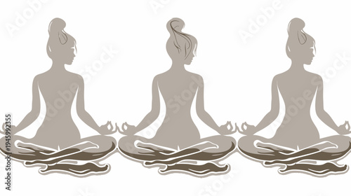 Three silhouettes in a meditative pose, sitting lotus position, monochrome graphic style