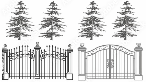 Monochrome illustration of four fir trees above two different iron gates, white background