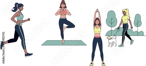 A group of women engaging in various fitness activities on transparent background