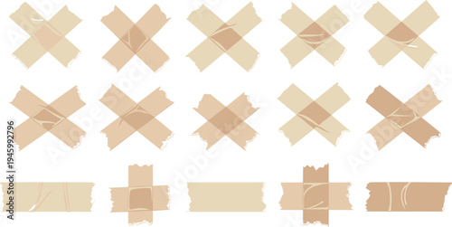A collection of beige bandages in various shapes on transparent background