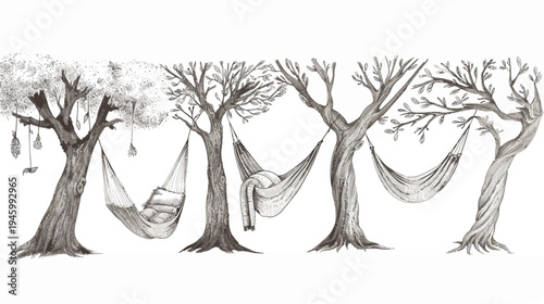 Black and white illustration of trees with hammocks, creating a peaceful, relaxing scene
