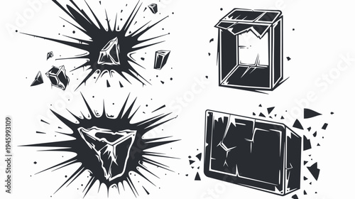 Black and white illustration featuring stylized explosions, shattered geometric objects, and boxes on a white background