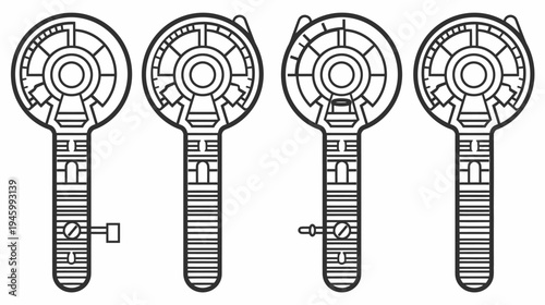 Four line drawing keys, arranged horizontally, with rounded heads and segmented shafts