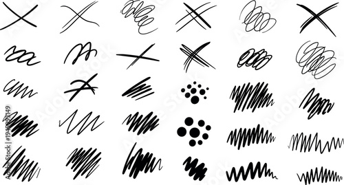 A collection of black scribbles and marks on transparent background