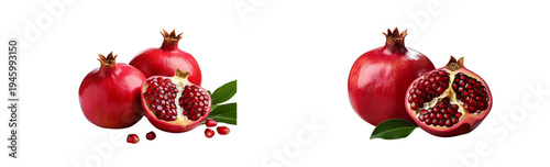 juicy pomegranate and its half with leaves of transparent background.