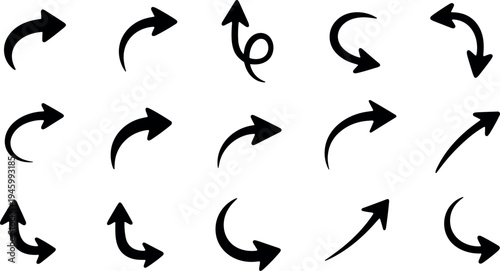 A collection of black arrows on a transparent background pointing in various directions