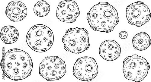 A collection of various asteroids and planets on transparent background