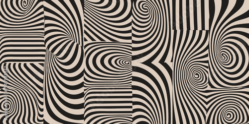 Hypnotic swirl pattern with black and beige wavy optical illusion art