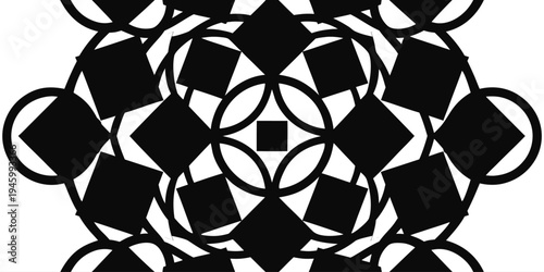 Symmetrical mandala design with black geometric squares and ornaments