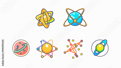 Colorful, cartoonish illustrations of various orbital structures, planets, and atomic models against white