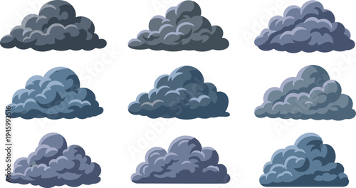 A collection of nine different gray clouds on transparent background