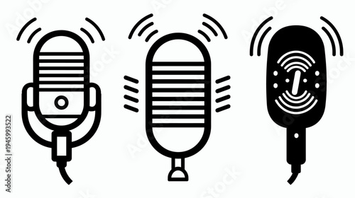 Three different black and white microphone icons with signal indicators on a white background