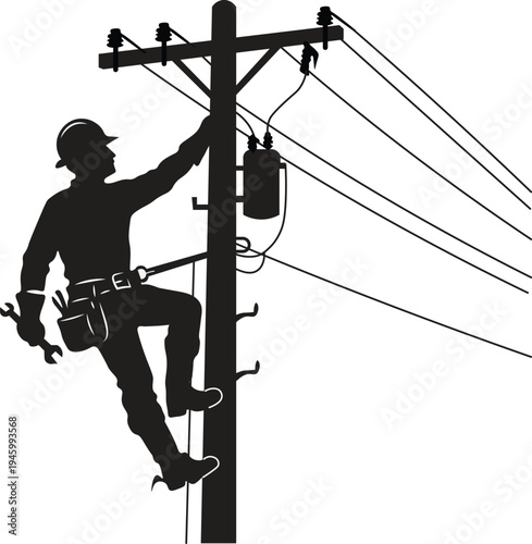 Utility Worker Climbing Pole Silhouette Vector  Electrical Infrastructure Icon
