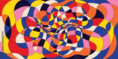 Vibrant abstract mosaic of organic flowing shapes in primary colors