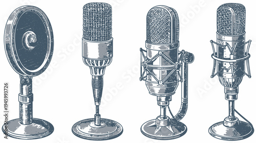 Four vintage microphones on stands, rendered with gray, distressed, halftone shading