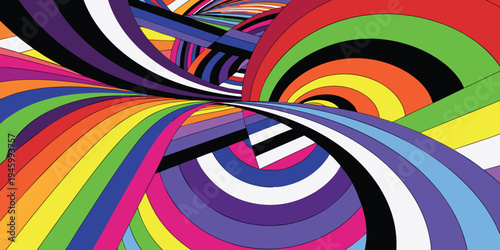 Dynamic swirling vortex of rainbow colored stripes in perspective view