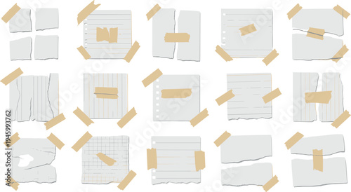 A collection of white sticky notes with tape on transparent background