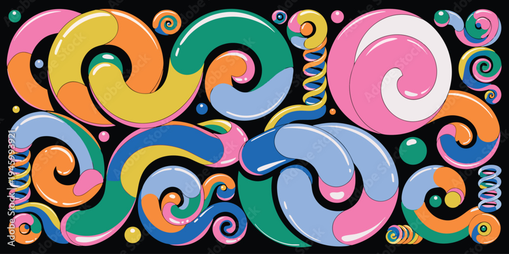 Fototapeta premium Abstract candy swirls background with colorful glossy shapes illustration