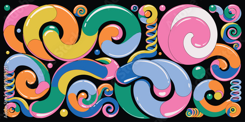 Abstract candy swirls background with colorful glossy shapes illustration