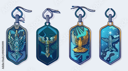 Four stylized badges or pendants displaying phoenixes and an airplane on a light backdrop
