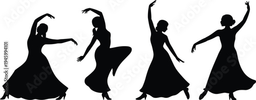 Elegant silhouette of Spanish flamenco dancers in traditional dresses performing expressive movements and passionate dance poses on a white background