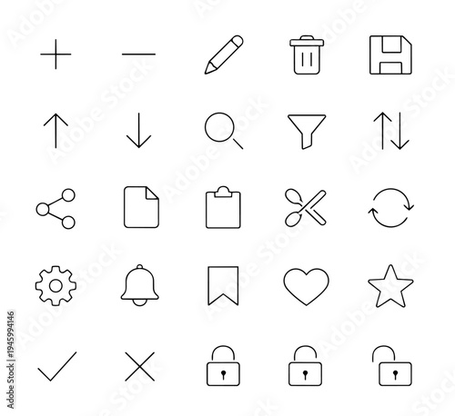 Minimal Basic UI Actions Line Icon Set Interface Button Control Outline Vector Isolated on White Background