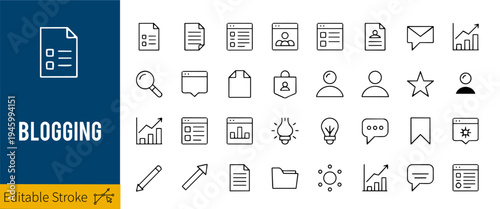 Minimal Blogging Line Icon Set Content Writing UI Article Post Outline Vector Isolated on White Background