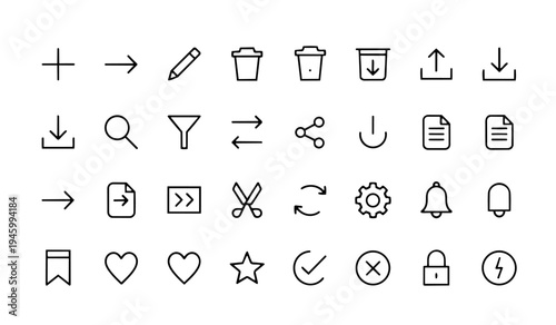 Minimal Basic UI Actions Line Icon Set Interface Button Control Outline Vector Isolated on White Background