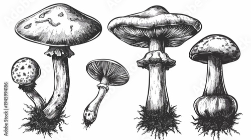 A grayscale illustration of different types of fungi with detailed textures