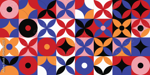 Floral geometric mosaic pattern with stylized petal and circle motifs