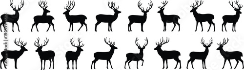 Silhouettes of deer with antlers in side profile poses, wildlife vector illustration for hunting, nature, rustic design, emblem, art, decoration
