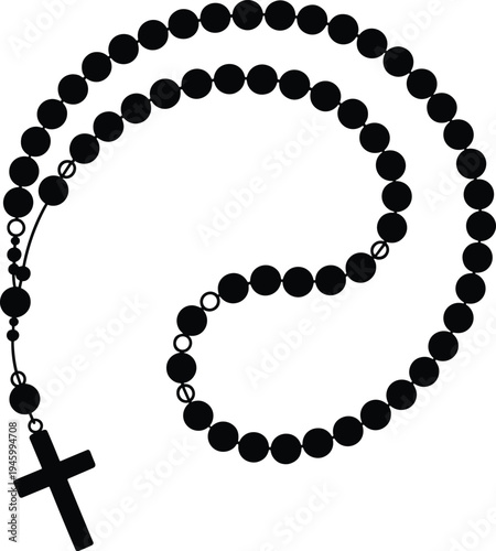 Catholic rosary beads silhouette, black crucifix cross design, religious prayer symbol for faith, devotion, meditation, spirituality, Christianity
