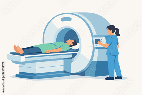 Medical technician in blue scrubs operating a modern MRI machine scanner while a male patient lies on the examination table for a diagnostic brain or body scan, flat vector style illustration.