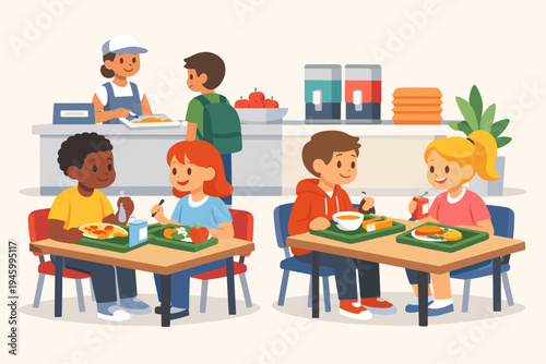 School Cafeteria Scene with Diverse Students Eating Healthy Lunch at Tables and Cafeteria Worker Serving Food Behind Counter, Flat Vector Illustration of Children Having Mealtime at School