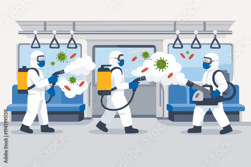 Medical Team in Protective Hazmat Suits Spraying Disinfectant to Kill Viruses and Bacteria Inside a Public Subway Train Car. Flat Vector Illustration of Sanitation Workers Cleaning Transport.