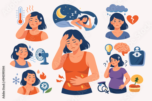 Flat Vector Illustration of Woman Experiencing Menopause Symptoms Including Hot Flashes, Night Sweats, Mood Swings, Insomnia, Weight Gain, Headache, and Abdominal Pain for Health Awareness Banner