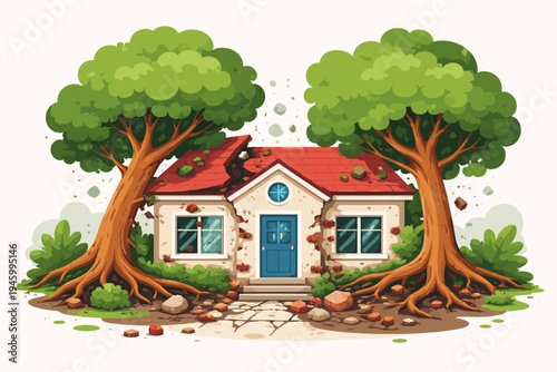 Simple flat vector illustration showing a house with severe structural damage caused by large trees planted too close, with roots breaking the foundation and branches crushing the red roof.