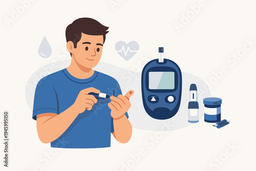 Man measuring blood glucose level with a portable glucometer and lancet. Healthcare concept for diabetes mellitus management, monitoring sugar levels, and medical self-care vector illustration.