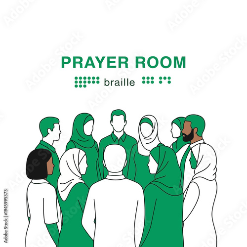 Inclusive Prayer Room Signage Depicting Diversity and Accessibility in a Religious Context