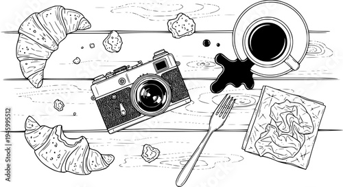 Messy Flat Lay of Half-Eaten Breakfast with Spilled Coffee and Vintage Camera on Rustic Wood, Authentic Lifestyle and Imperfection Aesthetic, Morning Mood