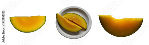 Close-up shot of a mango slice, backlit, with visible juice droplets, against on white plate a transparent background.