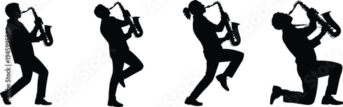 Dynamic saxophone player silhouettes in expressive jazz performance poses, musical illustration showing energy, rhythm, passion, creativity, artistic stage design