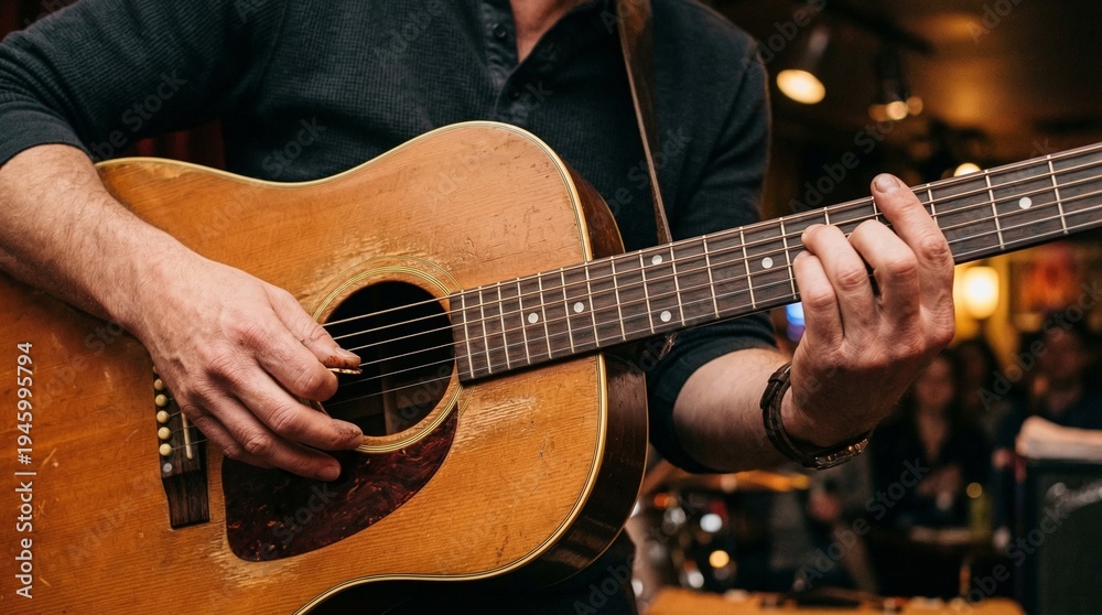 Fototapeta premium Man playing acoustic guitar in music venue with blurred audience