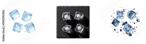 Four clear ice cubes with jagged edges scattered in a dynamic arrangement isolated on transparent background