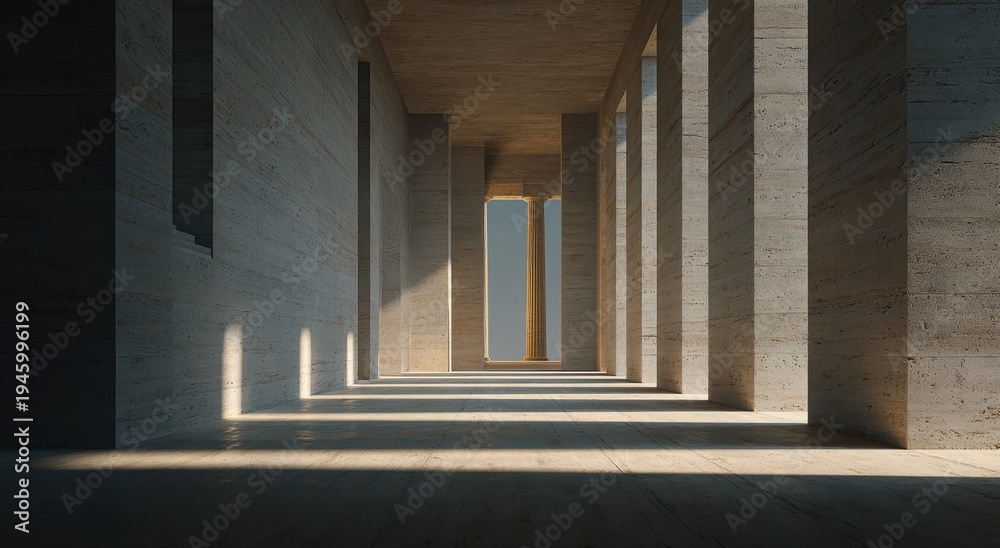 Fototapeta premium Architectural Corridor with Sunlight and Shadows, Minimalist Concrete Design.