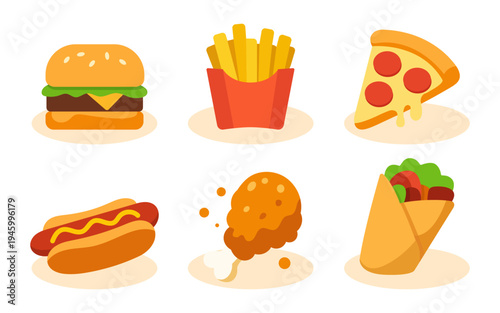 Fast Food Flat Icon Set – Burger, Fries, Pizza, Hot Dog, Fried Chicken, Shawarma – Modern Colorful Vector Food Collection