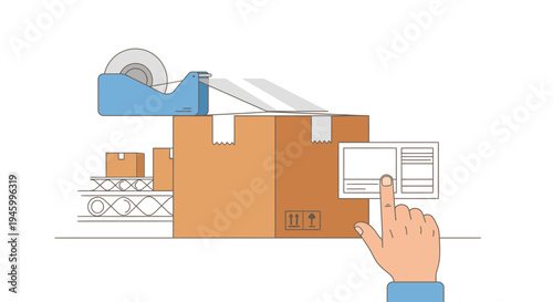 Shipping box being sealed by tape dispenser on conveyor belt, hand applying label