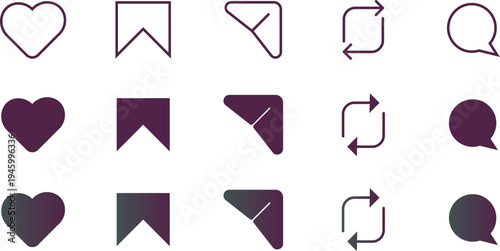 A collection of 12 social media icon variations in different colors isolated on white background, illustration