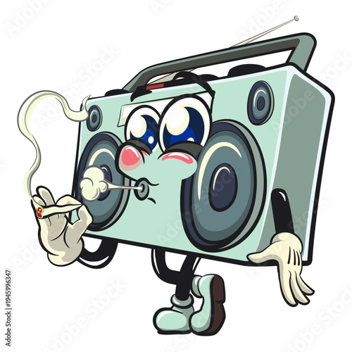 cute retro boombox radio mascot character smoke calmly, isolated vector illustration, work of hand drawn