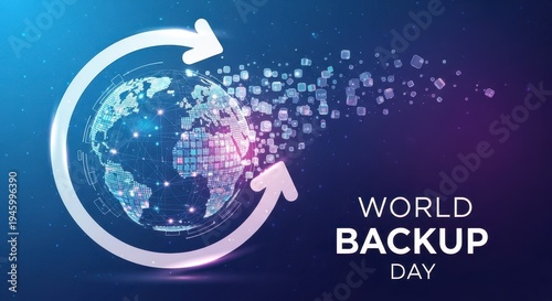 Vibrant 3D illustration of a glowing globe with a circular arrow symbolizing World Backup Day, set against a futuristic digital network background with purple and blue lighting for a tech-savvy mood.